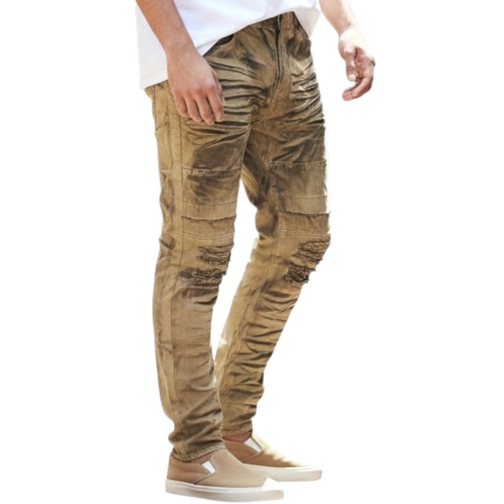 Crysp Denim Tan 42x33 Dirty Wrinkles Pattern Distressed/Knee/lining Jeans